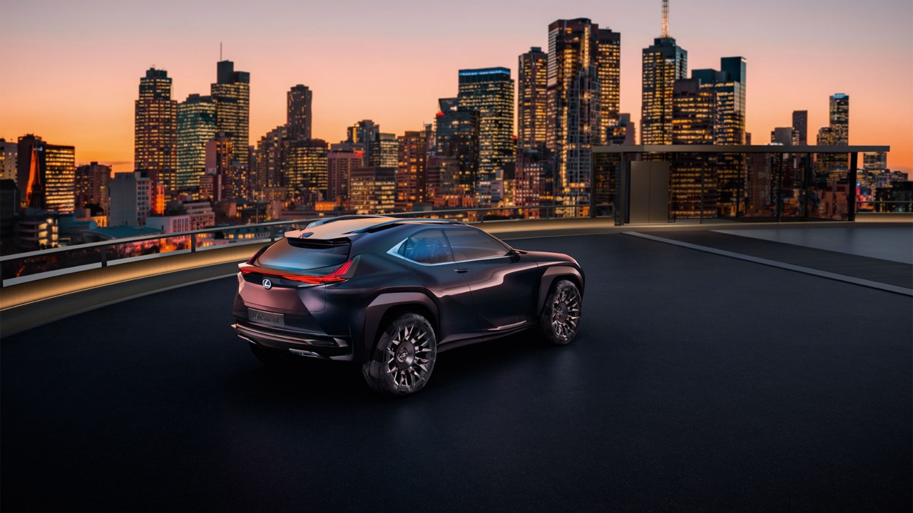Lexus UX Compact Crossover concept car looking over a city skyline 
