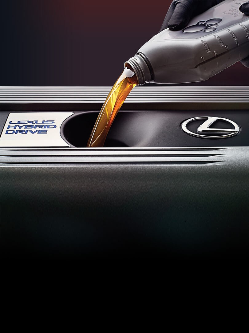 Engine oil being poured into a Lexus hybrid drive engine 
